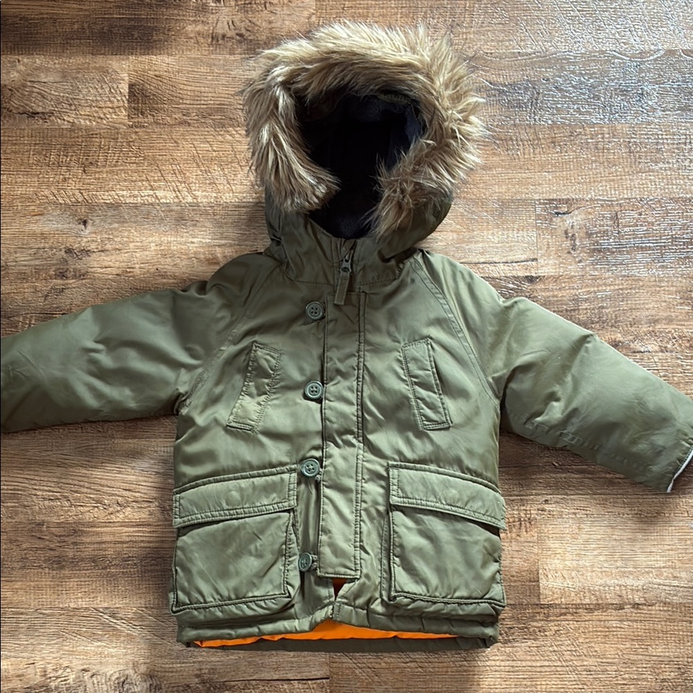 Baby Gap Army Green Hooded Parka with Removable  Faux Fur Trim